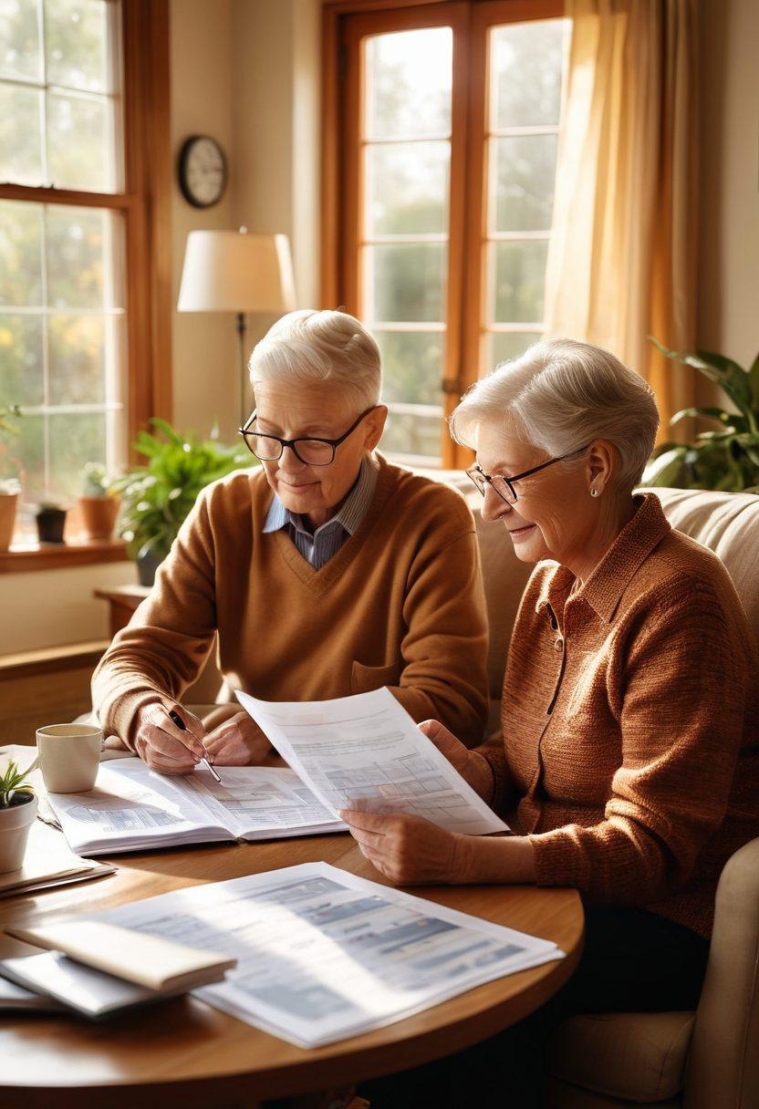 A cozy living room scene with an elderly couple sitting together, examining a retirement planning document filled with graphs and charts on a coffee table. Sunlight streaming through a window, casting a warm glow, while personal touches like family photos and plants create a homely atmosphere. Include a digital tablet showing online resources and a piggy bank symbolizing savings. super-realistic. warm colors. cozy ambiance.