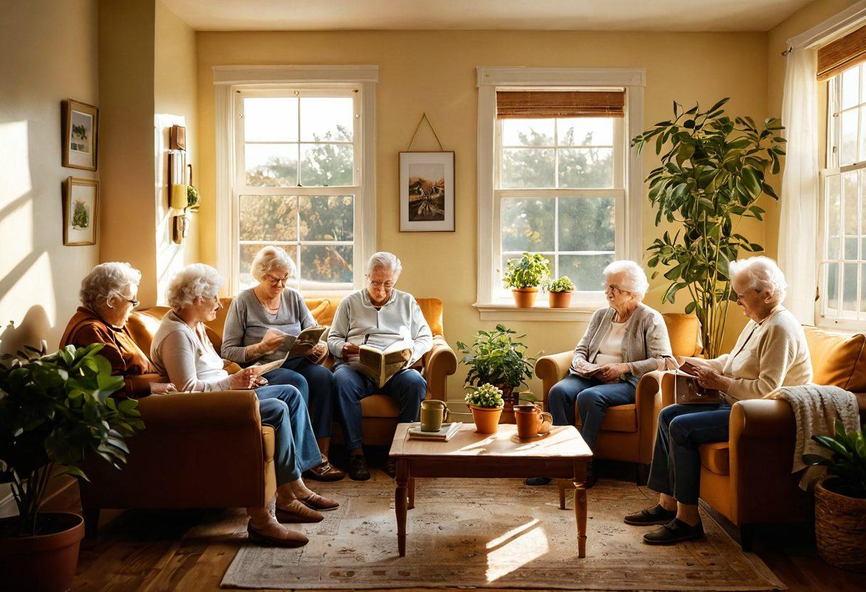 A cozy living room filled with sunlight, showcasing seniors engaging in various activities like reading, knitting, and playing games. There should be potted plants and family photos on the walls that convey warmth and community. A golden hour ambiance enhances the feeling of comfort and nostalgia. soft focus. vibrant colors. super-realistic.