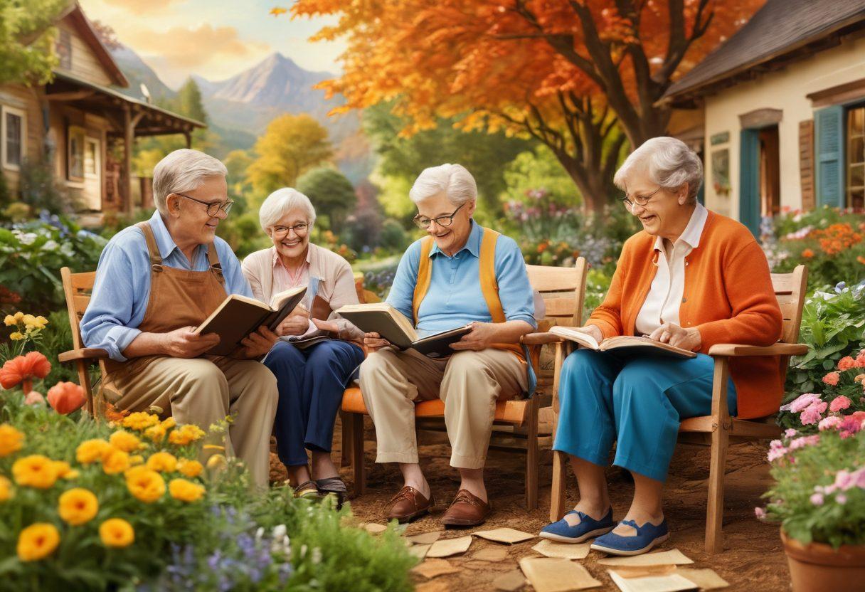 An inspiring landscape depicting a diverse group of seniors joyously engaging in various activities symbolizing retirement, such as traveling, gardening, and learning. Include subtle icons representing resources like books, support groups, and financial planning tools in the background. The scene should convey a sense of empowerment, freedom, and community. Warm, inviting colors. super-realistic. vibrant colors.